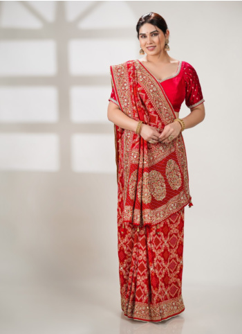 Hot Red Embroidered Khadi Georgette Bandhani Saree
