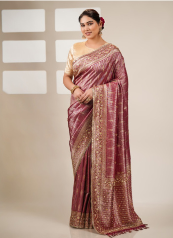 Wine Embroidered Kanjivaram Saree