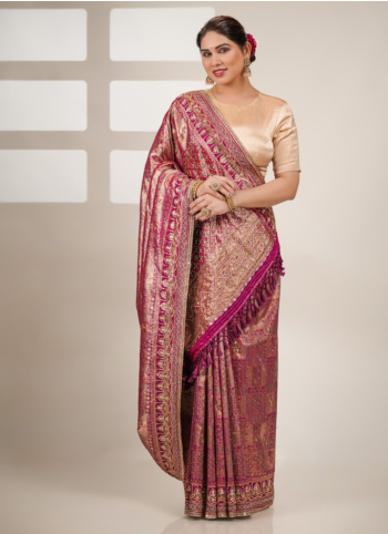 Wine And Copper Gold Embroidered Kanjivaram Saree