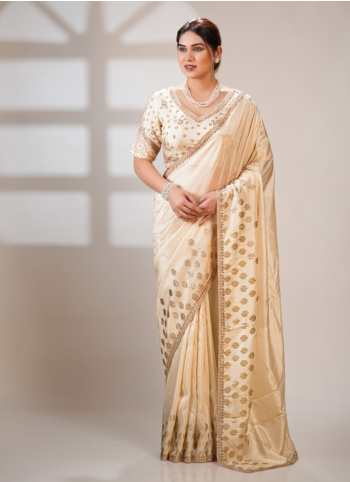 Off White Embroidered Dola Silk Saree