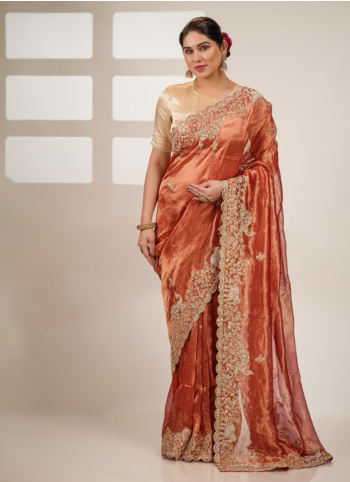 Rust Orange Embroidered Tissue Saree
