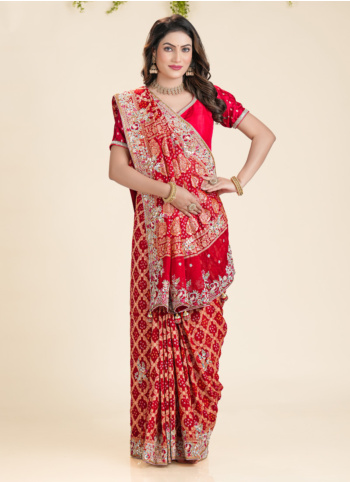 Red Embroidered Chiffon Bandhani Saree