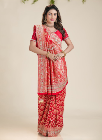 Red Embroidered Woven Banarasi Chiffon Saree