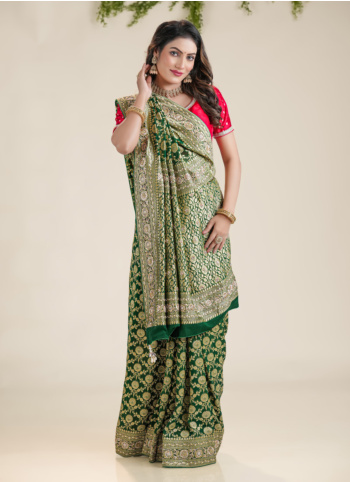 Green Embroidered Woven Banarasi Chiffon Saree