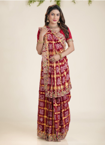 Maroon Chanderi Silk Bandhani Gharchola Saree