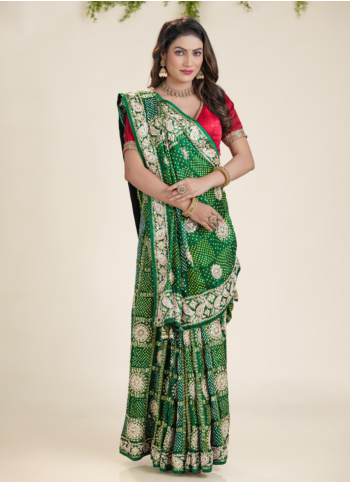 Green Embroidered Gajji Silk Bandhani Saree