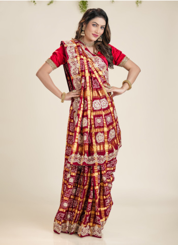 Maroon Embroidered Chanderi Silk Gharchola Saree