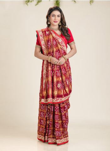 Embroidered Maroon Chanderi Silk Gharchola Saree