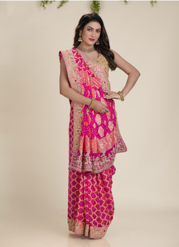 Pink Embroidered Chiffon Bandhani Saree