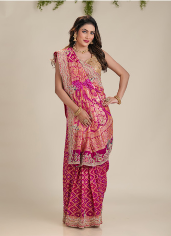 Pink Embroidered Chiffon Bandhani Saree