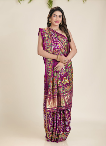 Purple Embroidered Gajji Silk Bandhani Saree
