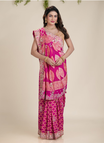 Pink Embroidered Bandhani Chiffon Saree