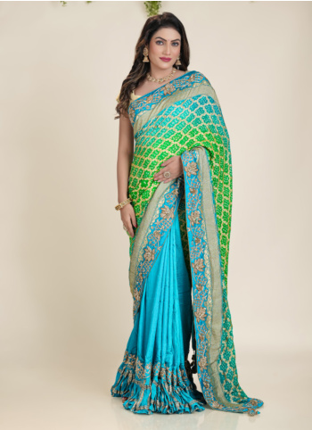 Parrot Green And Sky Blue Chiffon Silk Bandhani Saree