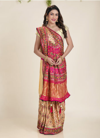 Cream And Rani Embroidered Gajji Silk Saree