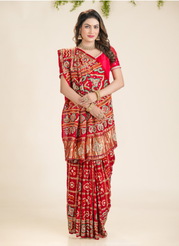 Maroon Gajji Silk Bandhani Gharchola Saree