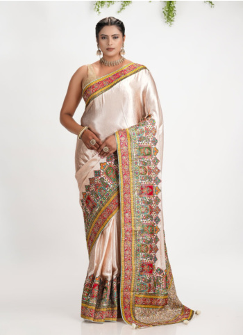 Cream Embroidered Pashmina Silk Saree