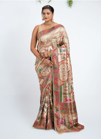 Cream Embroidered Pashmina Silk Saree