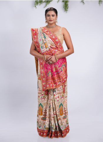 Cream And Pink Embroidered Pashmina Silk Saree