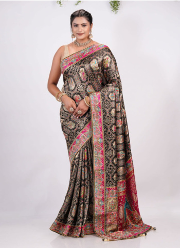 Black Embroidered Pashmina Silk Saree