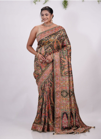 Black Embroidered Pashmina Silk Saree