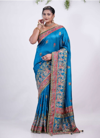 Peacock Blue Embroidered Pashmina Silk Saree