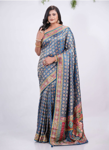 Peacock Blue Embroidered Pashmina Silk Saree