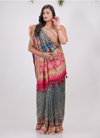 Peacock Blue Embroidered Banarasi Silk Saree