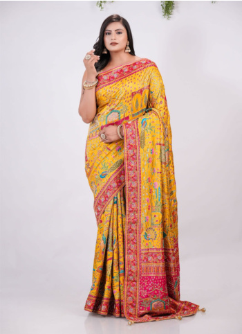 Yellow Embroidered Pashmina Silk Saree