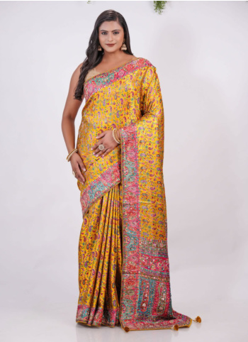 Yellow Embroidered Pashmina Silk Saree