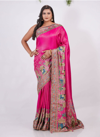 Pink Embroidered Pashmina Silk Saree