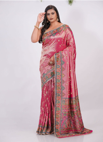Pink Embroidered Banarasi Silk Saree