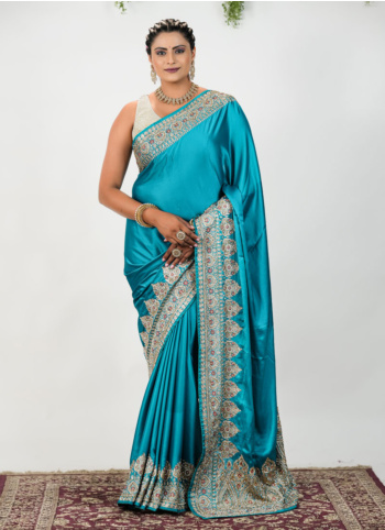 Turquoise Embroidered Chiffon Silk Saree