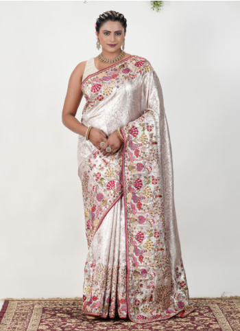 Cream Embroidered Kanjivaram Silk Saree