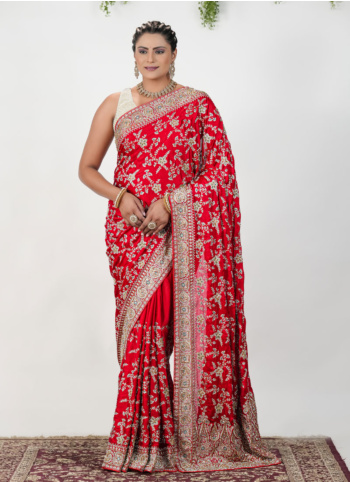 Red Embroidered Chiffon Silk Saree