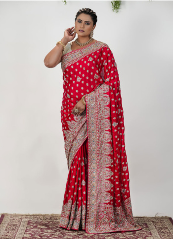 Red Embroidered Saree In Chiffon Silk