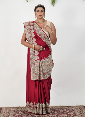 Maroon Embroidered Chiffon Silk Saree