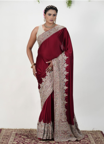 Maroon Chiffon Silk Embroidered Saree