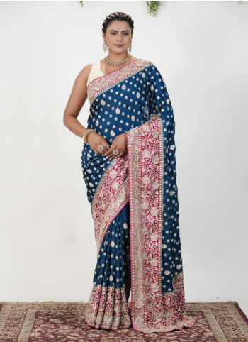 Peacock Blue And Wine Embroidered Chiffon Silk Saree