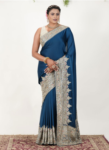 Peacock Blue Embroidered Chiffon Silk Saree