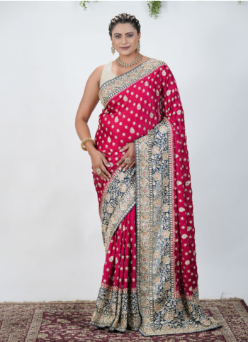Rani And Peacock Blue Embroidered Chiffon Silk Saree