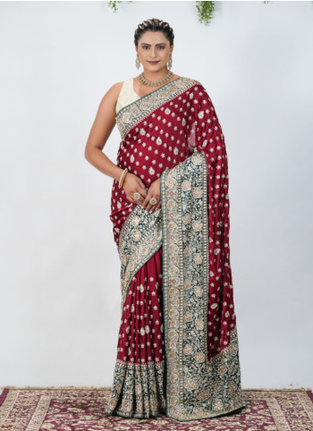Maroon And Green Embroidered Chiffon Silk Saree
