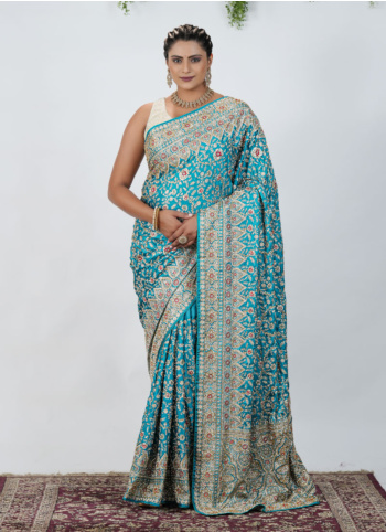 Turquoise Embroidered Saree in Chiffon Silk