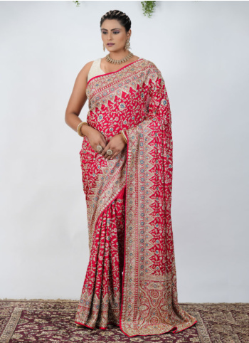 Tomato Color Embroidered Chiffon Silk Saree