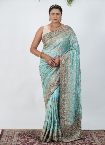 Sky Blue Embroidered Shimmer Net Saree