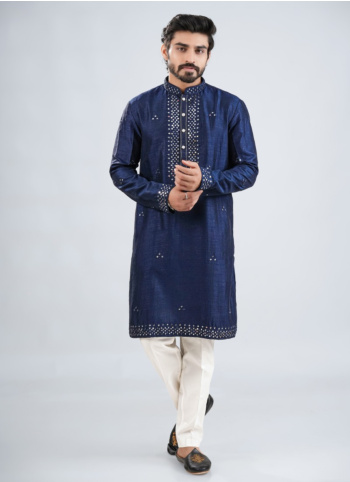 Blue Embroidered Art Silk Kurta Pajama