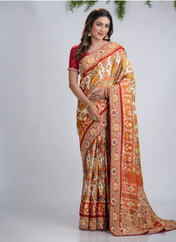 Cream And Maroon Embroidered Silk Patola Saree