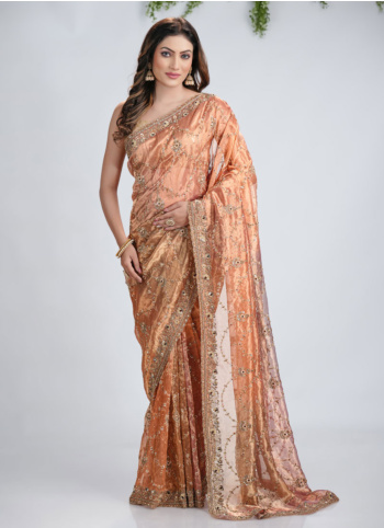 Rose Gold Embroidered Tissue Saree
