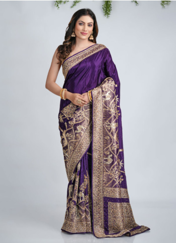 Purple Embroidered Silk Saree