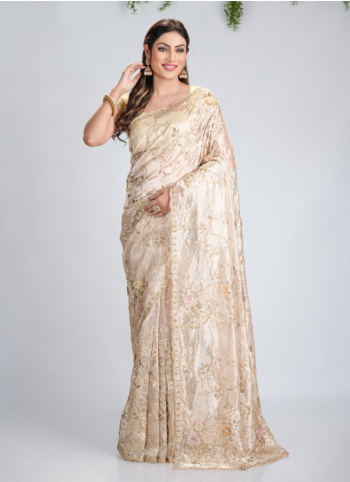 Golden Cream Embroidered Organza Saree