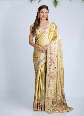 Golden Embroidered Tissue Silk Saree